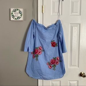 Zara Woman Off Shoulder Pinstripe Embroidered Floral Dress Tunic Medium Blue Red